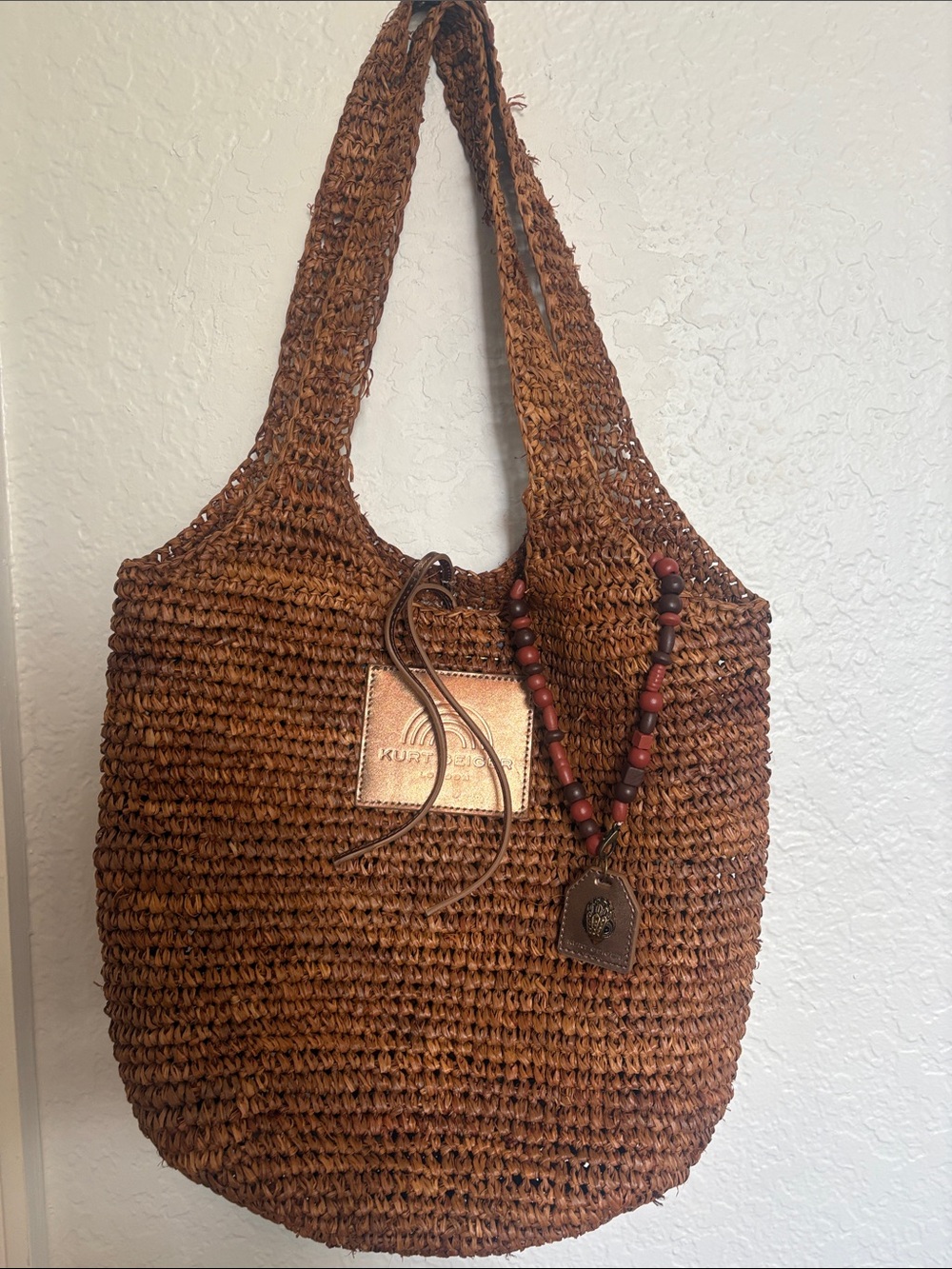 Kurt Geiger Brown Woven Straw Tote with Beaded Charm